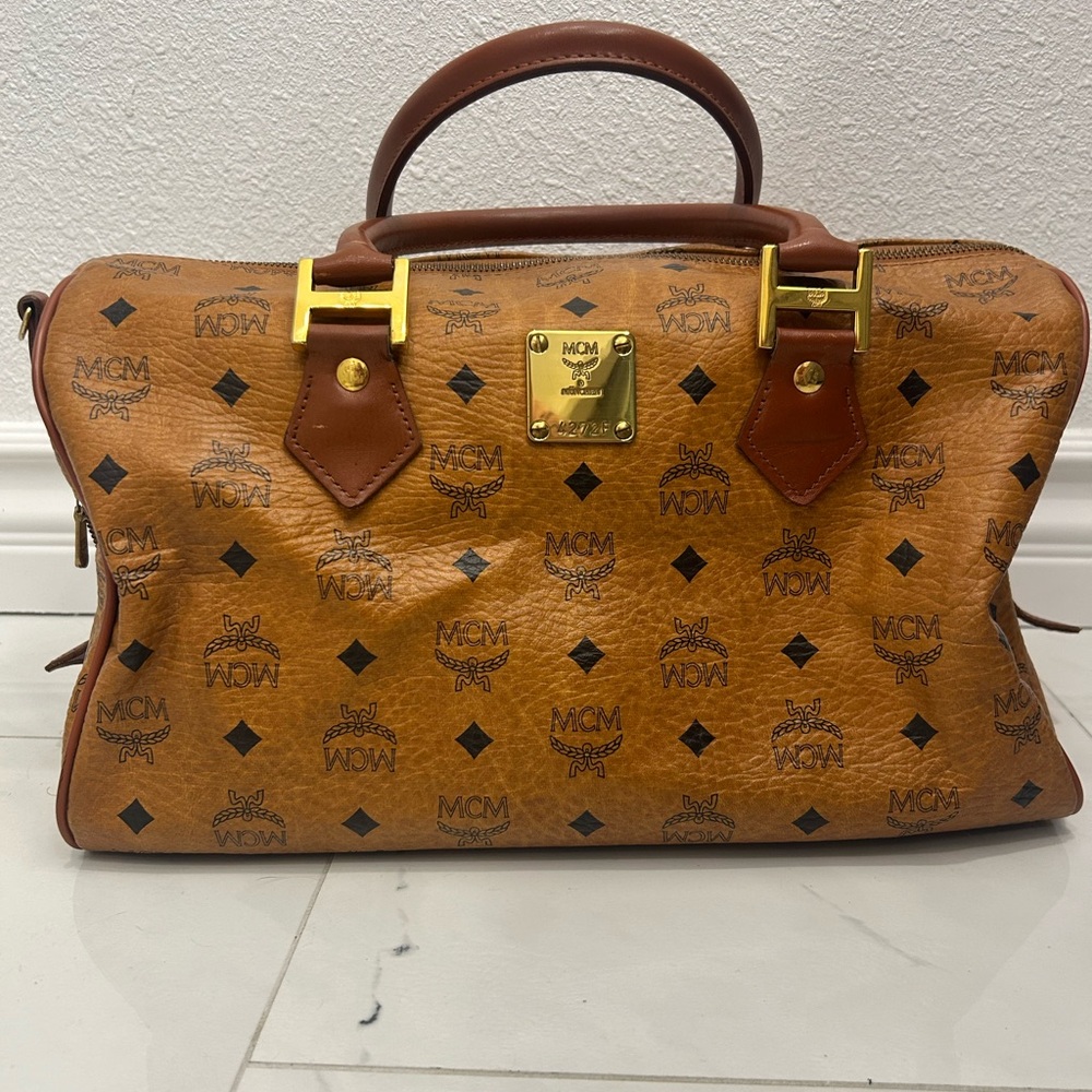 MCM Cognac Large Visetos Boston Bag - Made in Germany 33.5cm